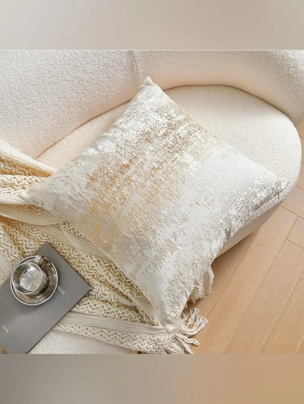 Luxurious Designer Champagne Cream Upholstered Metallic Bed Pillow Covers (3)